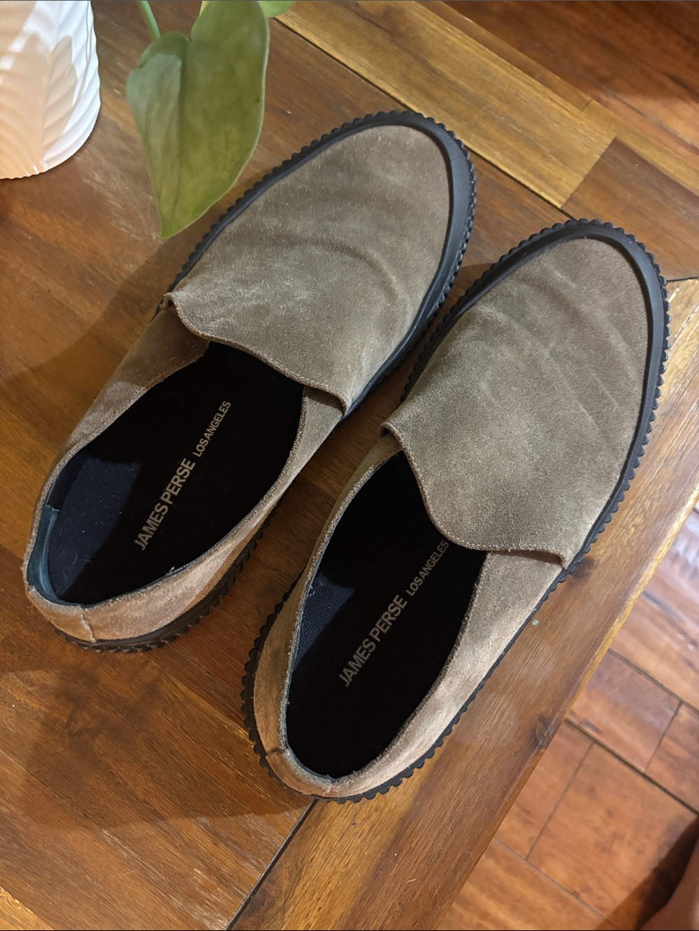 James Perse Men’s Taupe Suede Slip-On Loafers